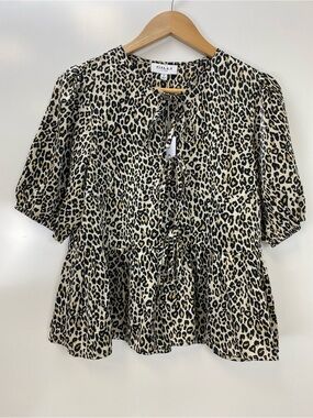 Gilli Leopard Tie-Front Peplum Blouse in Beige and Black